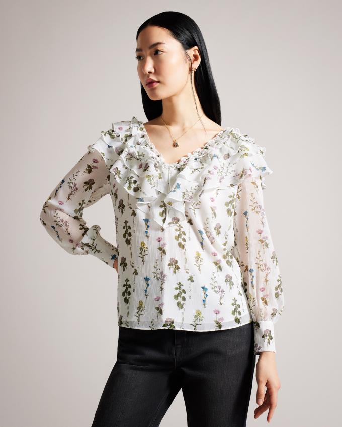 Chemisier Ted Baker Frilled V-Neck with Long Sleeves Blanche Femme | VDA-54150018